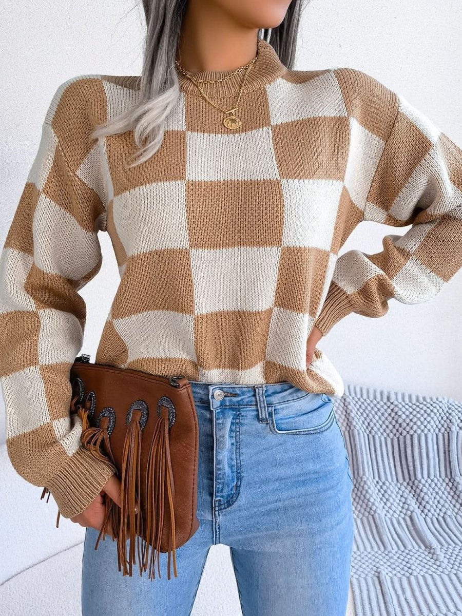 Checkered Mock Neck Long Sleeve Sweater - Love Salve